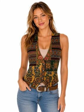 Vintage ‘90s Backroad Blues Bohemian Multicolored Patchwork Tapestry V-Neck Vest